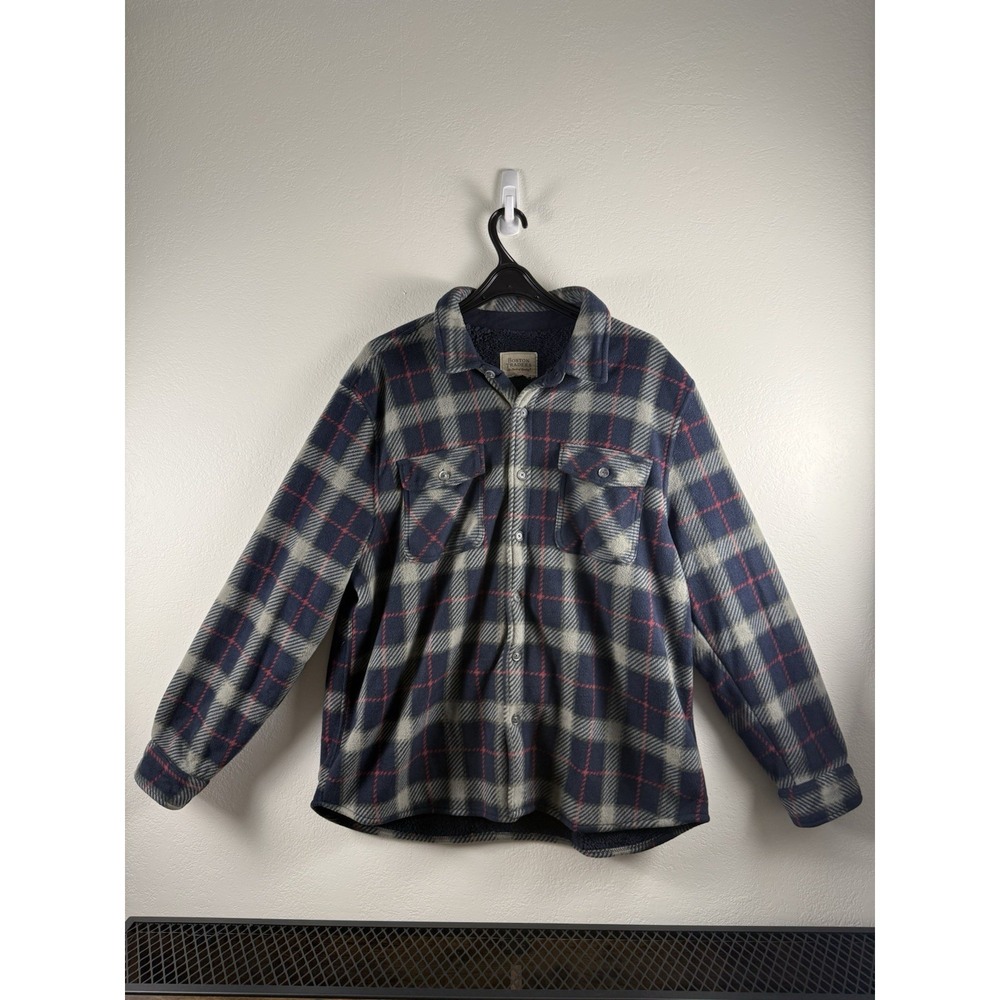 Sherpa Lined Boston Traders Jacket Men's‎ XL Navy Blue Plaid Button Up Flannel